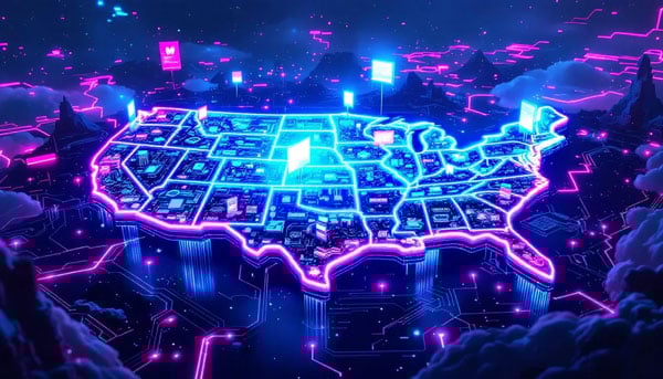 Map of the USA highlighting states with legal online casinos.