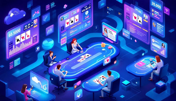 A dynamic scene of an online poker tournament in action, with players engaged in gameplay.