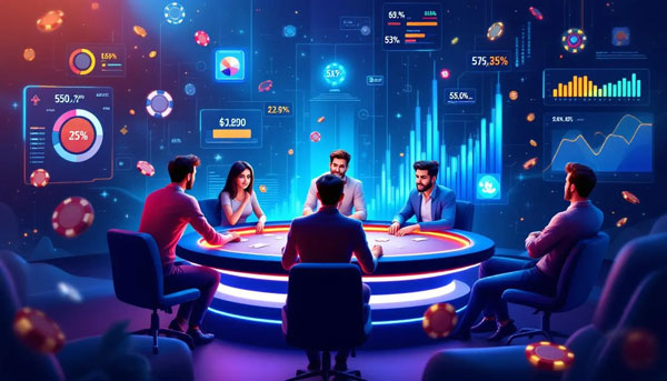 A group of players engaged in a game of online poker, showcasing the excitement of online poker sites.