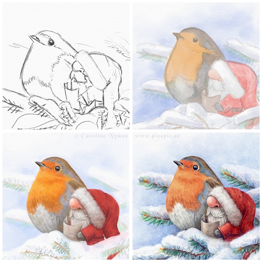 Litte Santa and a red robin progress by Caroline Nyman