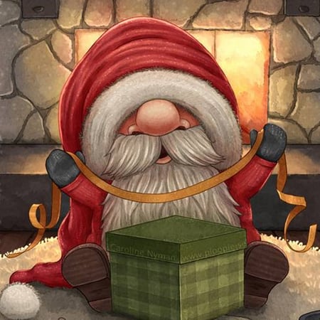 Little Santa wrapping a gift by Caroline Nyman