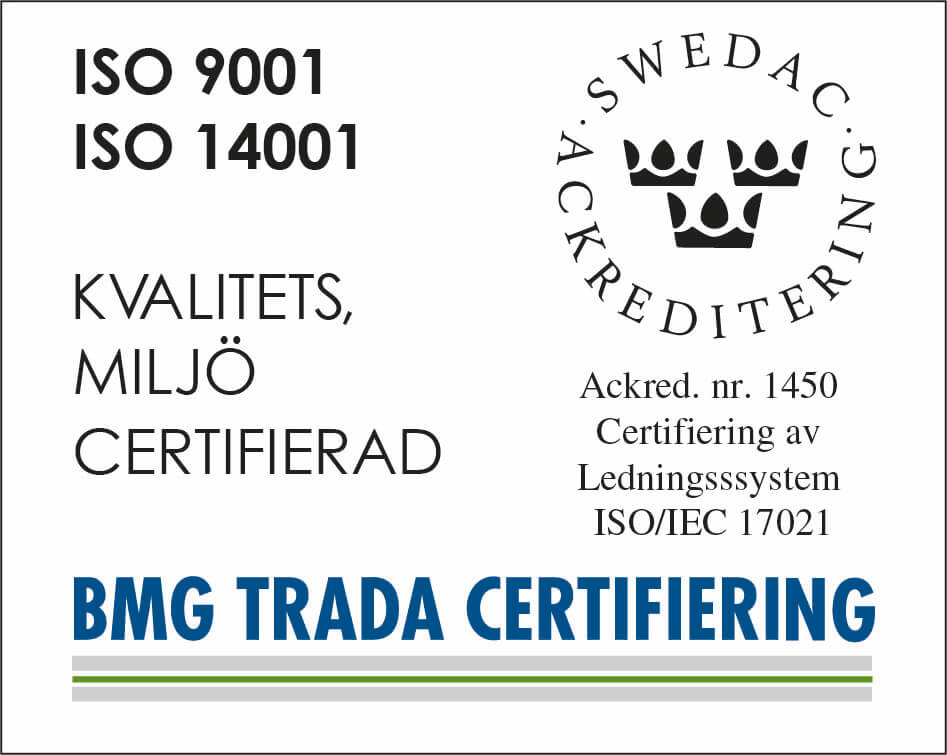 Miljöcertifikat från BMG TRADA Certifiering, ackrediterade av Swedac.